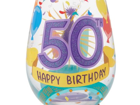 Happy 50th Stemless Wine Glass For Sale